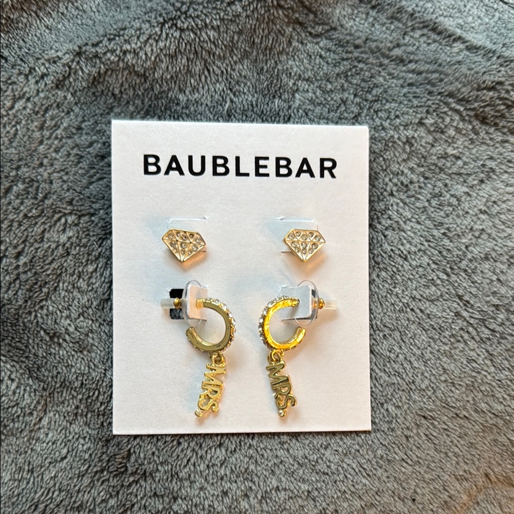NWT BaubleBar Gold Mrs and Diamond Earrings